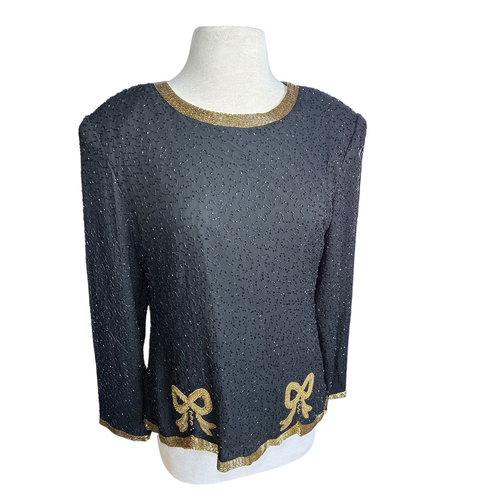 Talbots Joan Leslie Black Silk Beaded Evening Blouse Gold Bow Detail Size L